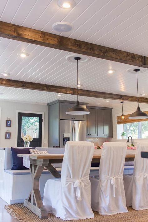 A Plank Ceiling in the Kitchen | www.chatfieldcourt.com Kitchen Basement, Wood Plank Ceiling, Shiplap Ceiling, Tongue And Groove Ceiling, Plank Ceiling, Beadboard Ceiling, Small Basement, Wood Beam Ceiling, Kitchen Ceiling