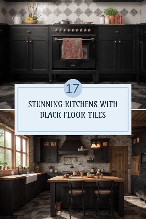 This pin showcases 2 images of beautiful kitchens featuring black floor tiles. The first image highlights a charming kitchen with a checkered pattern, while the second one displays a cozy rustic kitchen with wooden accents. Black Floor In Kitchen, Black Cabinet Backsplash Ideas, Kitchen With Black Flooring, Black Ceiling Kitchen Ideas, Black Tiles Kitchen Floor, Kitchen With Dark Tile Floors, Black Tile Countertops, Black Cabinets Backsplash, Light Kitchen Floors