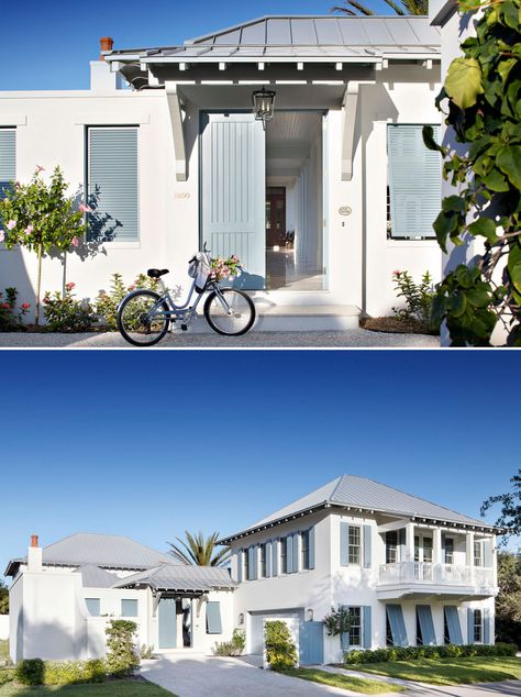 Coastal Modern Home with Shutters Stucco Beach House, Modern Coastal Facade, Coastal Facade, Bahamas Style, Pool Courtyard, Bahamas House, House In Florida, Florida Beach House, Vero Beach Florida