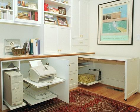 Computer Desk Design, Pictures, Remodel, Decor and Ideas - page 13 - Hide yo Printer!  Hide yo wifi! Cabinet Upgrade, Printer Storage, Office Contemporary, Hidden Desk, Organized Office, Computer Desk Design, Studio Storage, Office Photos, Storage Idea