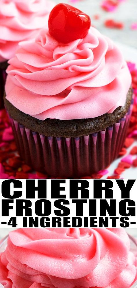 MARASCHINO CHERRY FROSTING RECIPE- Creamy, whipped, quick, easy cherry buttercream, made with 4 ingredients: butter, powdered sugar, maraschino cherry juice, almond extract. Perfect for piping cupcakes, decorating cakes. From CakeWhiz.com #cherry #cherries #maraschinocherries #frosting #buttercream #dessert #dessertrecipes #maraschino #icing Cherry Frosting Recipe, Piping Cupcakes, Cherry Buttercream, Cherry Frosting, Frosting Buttercream, Cupcakes Decorating, Easy Icing, Cherry Cupcakes, Frosting Recipes Easy