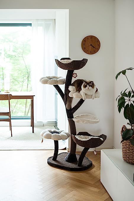 Comes with Cat Scratching Post, Cat Hammock, Hand Woven Paper Baskets, & Teasing Toy.  #ad Luxury Cat Furniture, Wooden Cat Tree, Large Cat Tree, Cat Climbing Tree, Flower Toy, Plush Flower, Cat Climbing Frame, Modern Cat Tree, Cat Perch