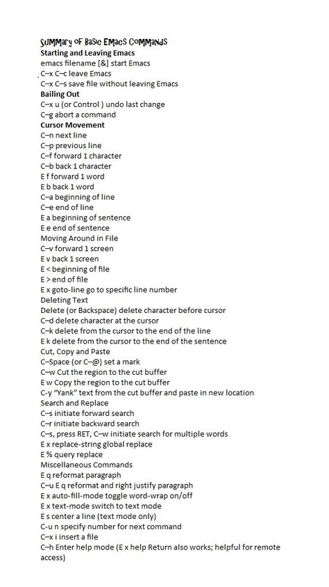 Summary of Basic Emacs Commands cheat sheet Web Programming, Cheat Sheet, Cheat Sheets, Programming, Coding, Tools