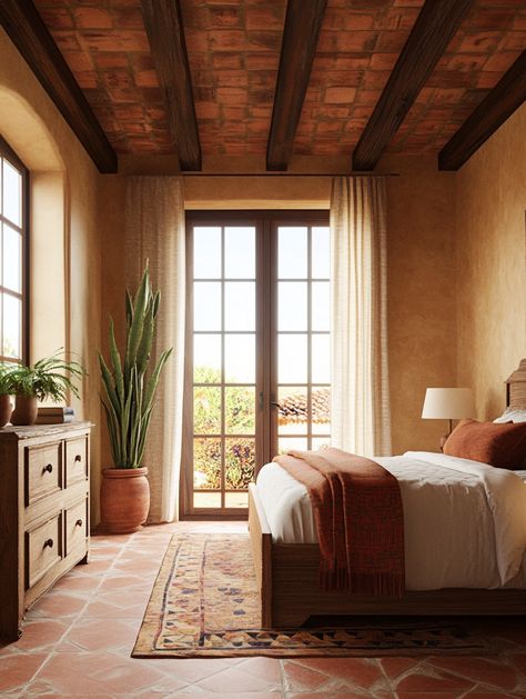 u1942658271_create_A_Mediterranean_bedroom_with_terracotta_ac_b16d598d-6efa-49a9-8e61-5a507467a044_2 Saltillo Tile Bedroom Spanish Style, Saltillo Tile Bedroom, Modern Spanish Bedroom, Mediterranean House Interior Design, Mediterranean Bedrooms, Mediterranean Bedroom Ideas, Spanish Style Bedroom, House Interior Design Bedroom, Mediterranean House Interior