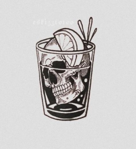 Skull Drink Tattoo, Negroni Tattoo Ideas, Shot Glass Tattoo Ideas, Traditional Geometric Tattoo, Bic Lighter Tattoo, Alcohol Bottle Tattoo, Whisky Glass Tattoo, Alcohol Tattoo Ideas, Alcoholic Tattoo