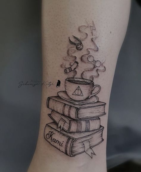 Dragon Tattoo Harry Potter, Half Sleeve Book Tattoos For Women, Book Nerd Tattoo Ideas, Harry Potter Book Tattoo Ideas, Book Tattoo Sleeve, Book Tattoo Designs, Dj Tattoo, Book Inspired Tattoos, Book Lover Tattoo