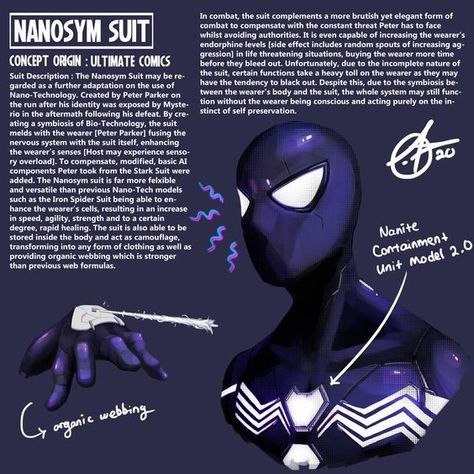 Black Suit Concept Art, Spiderman Suit Redesign, Symbiotic Armor, Spider Suits, Healing Factor, Arrow Cosplay, Spiderman Aesthetic, Spiderman Poses, Symbiote Spiderman