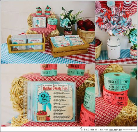 Vintage Country Fair Themed 2nd Birthday "Holden County Fair" | CatchMyParty.com Country Fair Party Theme, Country Fair Party, Fair Birthday Party, County Fair Birthday, Paper Pinwheels, Birthday Party Items, Carnival Birthday Party Theme, Work Parties, Cow Birthday