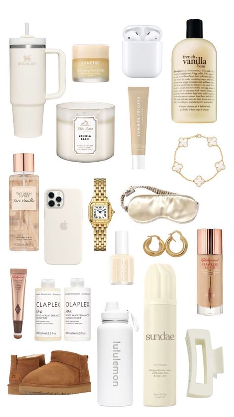 Vanilla girl wish list 🤍🥐🎧🧸 #vanillagirl #thatgirl #vanilla #wishlist #giftideas #giftguide #aesthetic Aesthetic Must Haves, Healthy Habits Motivation, Girly Christmas Gifts, Bag Y2k, Flawless Makeup Application, Eye Makeup Pictures, Clean Girl Aesthetic, Bow Print, Vanilla Girl