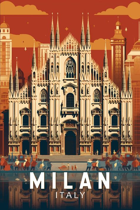 Milan Italy Duomo di Milano Travel Art Vintage Poster Travel Posters Design, Italy Vintage Poster, Milano Travel, Italy Duomo, Italy Poster, Travel Poster Design, Vintage Poster Design, Graphic Poster Art, Retro Travel Poster