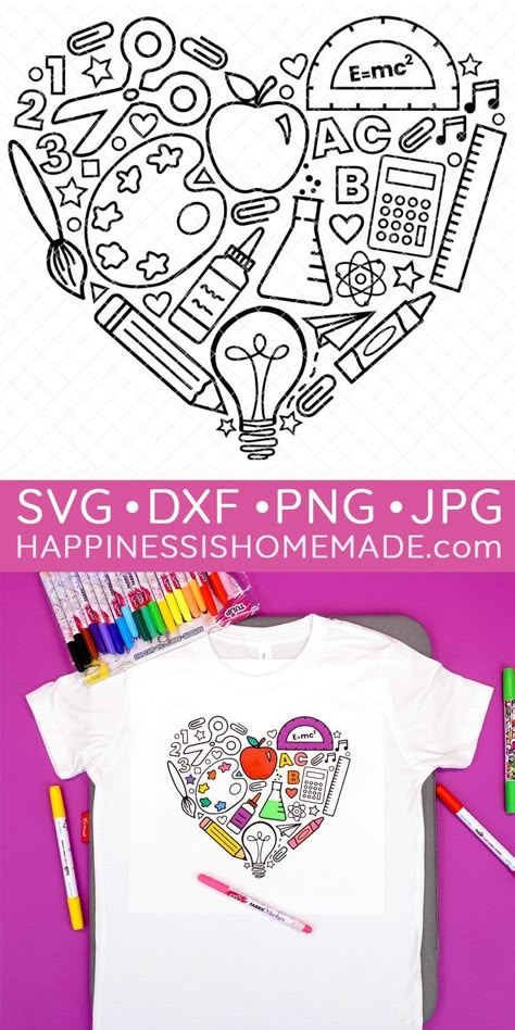 Make a fun Coloring Shirt with this free Back to School SVG file! Make the cutest DIY First Day of School shirt ever! Adorable Back to School shirt! Teacher Tumbler Svg, Teacher Tattoos, Teaching Clipart, Handmade Teacher Gifts, Cricut Projects Easy, Teachers Day Card, First Day Of School Shirt, Happiness Is Homemade, Diy Back To School