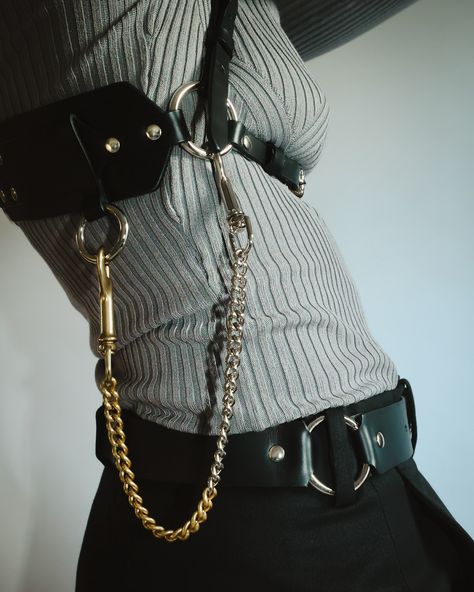 the best of both: our Mixed Metal Chain combines brass + nickel & can be clipped onto our harnesses ✨ worn here with the High Waist Harness (HWH) with nickel hardware #ardeostudios Waist Harness, Nickel Hardware, The High, Metal Chain, Gold Hardware, High Waist, High Waisted, Brass, Good Things