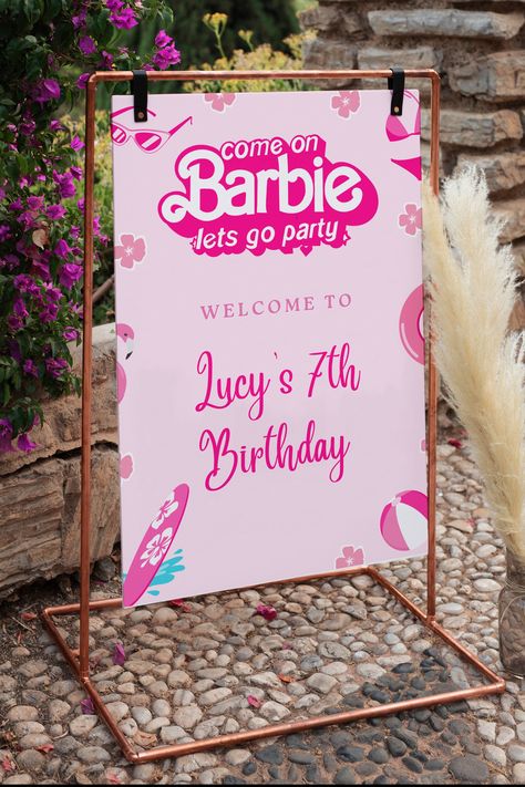 Barbie Birthday Welcome Sign, Barbie Welcome Sign, Barbie Party For Kids, Barbie 30th Birthday, Barbie 7th Birthday Party, Barbie 5th Birthday Party Ideas, Barbie First Birthday Party, Barbie Backdrop Birthday Party Ideas, Barbie Party Centerpieces