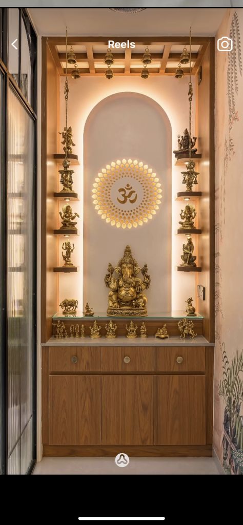 Pooja Mandir In Kitchen Ideas, Pooja Room Unit Design, Temple In Living Room Corner, Interior Design For Pooja Room, Mandir Shelf Design, Pooja In Living Room, Pooja Rooms Design, Ikea Mandir Hack, Pooja Room In Living Room Design