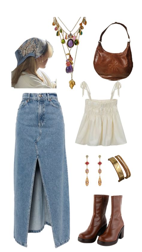 summer outfit inspo, jean skirt, aesthetic, bandana outfit, summer outfit, colorful jewelry Jean Skirt Aesthetic, Bandana Outfit Summer, Aesthetic Bandana, Winter Outfit Ideas For Women, Comfy Things, Bandana Outfit, 70s Inspired Outfits, Skirt Aesthetic, Winter Outfit Ideas