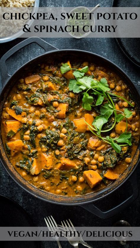 Spinach And Potato Recipes, Easy Vegetable Curry, Chickpea Sweet Potato, Chickpea And Spinach Curry, Sweet Potato Curry, Sweet Potato Spinach, Spinach Curry, Meat Free Recipes, Vegetarian Curry