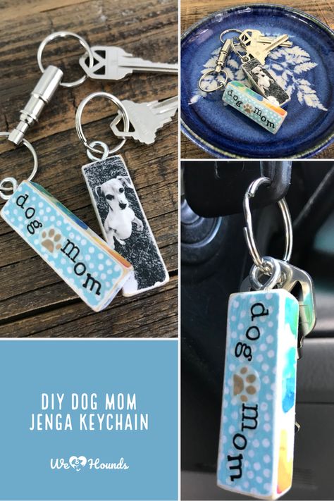 Dog Gifts To Make And Sell, Dog Craft Ideas To Sell, Pet Projects Diy, Diy Dog Items To Sell, Dog Themed Crafts To Sell, Jenga Keychain Diy, Dog Keychain Diy, Dog Mom Mothers Day Gift Ideas Diy, Dog Mom Crafts