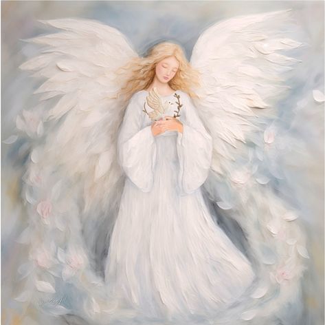 Heavenly Vision A Gateway to the World of Peace 🧚‍♀️🧚🧚‍♂️🪶🪶🧚‍♂️🧚🧚‍♀️🪶🪶 'Dove in hand, she stands, Serenity expands, Peace across the lands'. https://fineartamerica.com/featured/heavenly-vision-a-gateway-to-the-world-of-peace-olena-art-by-lena-owens.html An angelic figure with large white wings and a flowing robe, holding a dove against a backdrop of soft hues and falling petals or feathers. This serene artwork showcases an AngelicFigure with expansive WhiteWings and a FlowingWhiteRobe. The fi... Heaven Artwork, Angel Prints, Angel Watercolor, Serene Artwork, Clover Craft, Angel Of Peace, Falling Petals, Watercolor Angel, Christmas Angel Crafts