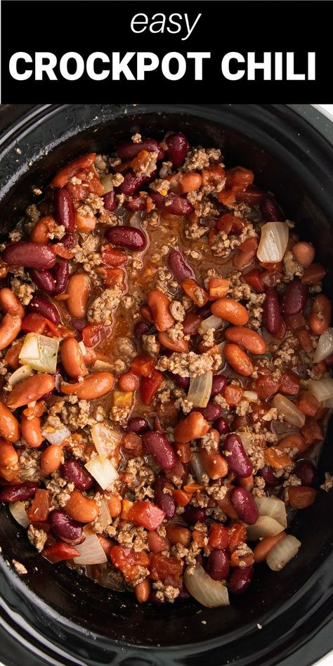 chili with beans and ground beef in a crockpot Chile Crockpot Recipes, 3 Bean Crockpot Chili, Slow Cooker 3 Bean Chili, Cowboy Chili Beans Recipe, Chilling Beans Recipe, Chili With Potatoes Crock Pot, Old Fashioned Chili Recipe Crock Pot, 3 Meat Chili Recipe Crockpot, Cowboy Chilli Recipes