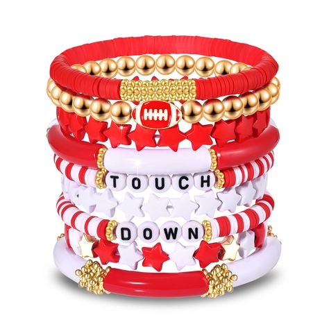 PRICES MAY VARY. ღ Game Day Bracelet: Finish off your game day outfits with our heishi bracelet set. Make a statement and celebrate your team's kickoff in style with these clay beaded stretch bracelet in your team colors, features football team colored disc clay beads, massage ‘GAME DAY’ and football charms, helmet charms and jersey charms strung on elastic bands. The perfect football accessories for sororities, college football games, high school or youth football games, and youth or high schoo Outfits Jewelry, Team Bracelets, Bracelets Red, Football Bracelet, Friend Ideas, Women Football, Heishi Bracelet, Keychain Ideas, Football Accessories