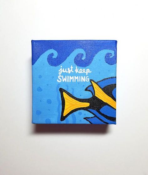 Just Keep Swimming Finding Dory Inspirational Canvas Nursery #babybathing #baby #bathing #drawing Bathing Drawing, Canvas Art Creative, Disney Canvas Paintings, Mini Tela, Wall Art Inspiration, Disney Canvas Art, Disney Canvas, Inspirational Canvas Art, Just Keep Swimming