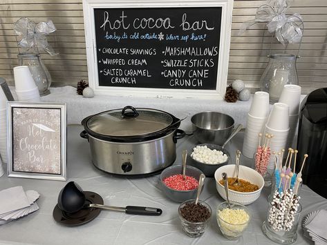 Hot Coco Baby Shower Bar, Hot Chocolate Bar Gender Reveal, Wedding Shower Winter Theme, Baby Shower Cocoa Bar, Hot Cocoa Bar Winter Wonderland, Gender Reveal In Winter, Baby It’s Cold Outside Baby Shower Theme Decorations, Baby Shower Hot Cocoa Bar Ideas, Hot Cocoa Bar Birthday Party