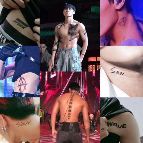 Ateez Members Tattoo, Ateez San Tattoo, Choi San Tattoo, Woosan Tattoo, San Tattoo, Ateez Tattoo Ideas, Ateez Tattoo, Short Hair Blue, Kpop Tattoos