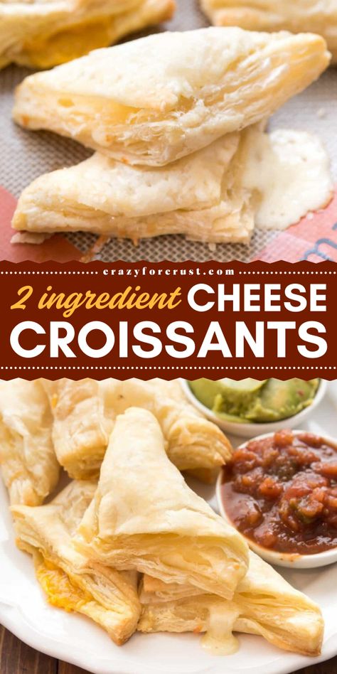 Quick, cheesy, and oh-so-easy! These 2 Ingredient Cheese Croissants are a perfect choice for easy New Year appetizers. With just pastry sheets and string cheese of any flavor, you can whip up these bite-sized delights in just 5 minutes! 2 Ingredient Appetizers, Stuffed Crossiant Recipes, Croissant Dough Recipe, Croissant Appetizers, Snack Mix Ideas, New Year Appetizers, Filled Croissants, Crossiant Recipes, Chex Mix Muddy Buddies