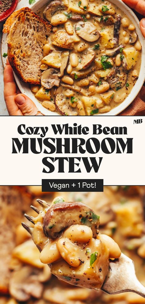 Creamy white bean and mushroom stew with potatoes and herbs. An easy, 1-pot entrée perfect for chilly days. Vegan, gluten-free, and SO delicious! #minimalistbaker #vegan #glutenfree #mushrooms #beans #stew Stew With Potatoes, Mushroom Recipes Vegan, Stew Vegan, White Bean Recipes, Easy Beef Stew, Mushroom Stew, Vegan Stew, Easy Vegetarian Dinner, Stewed Potatoes