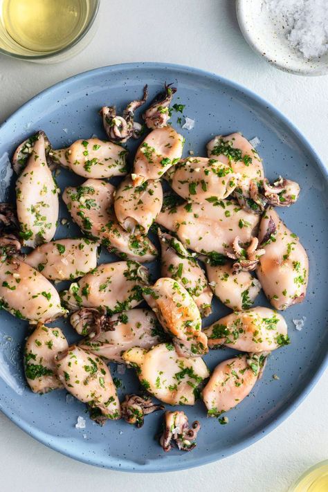 Savor This Seared Baby Squid With Parsley and Garlic (French Calamari) French Squid Recipes, Sauteed Squid, Spain Recipes, Writers Retreat, Baby Squid, Calamari Recipes, Squid Recipes, Seafood Dish Recipes, Seven Fishes