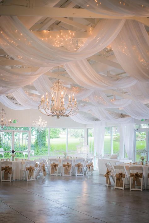 Ceiling Decorations Wedding Diy, Wedding Venue Ceiling Ideas, Ceiling And Wall Draping Wedding, Ceiling Swags Wedding, Wedding Ceiling Drapery, Ceiling Drapery With Fairy Lights, Ceiling Drapes With Lights, Wedding Ceiling Draping With Lights, Ceiling Decorations For Wedding