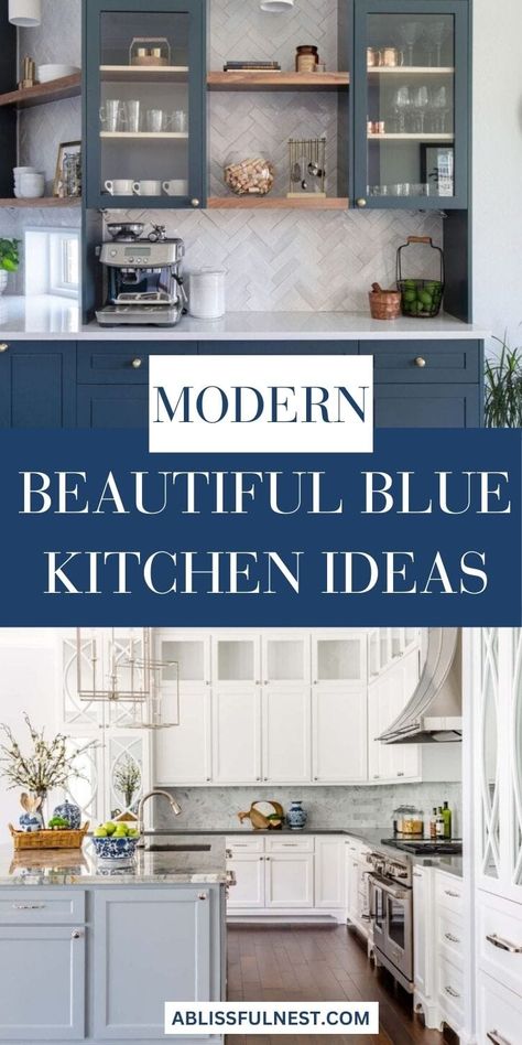 Ready for a kitchen refresh? We have all the inspiration you need to make your space stand out. Whether you want to go bold or subtle, discover plenty of ideas to make your kitchen stylish and unique. #bluekitchenideas #kitchenmakeover #ABlissfulNest Navy Blue Kitchen Island Backsplash, Blue Black White Kitchen, Blue White Gold Kitchen, Bold Kitchen Design, Royal Blue Kitchen Cabinets, Blue Kitchen Backsplash Ideas, White Kitchen With Blue Accents, Florida Kitchens, Blue And Gold Kitchen