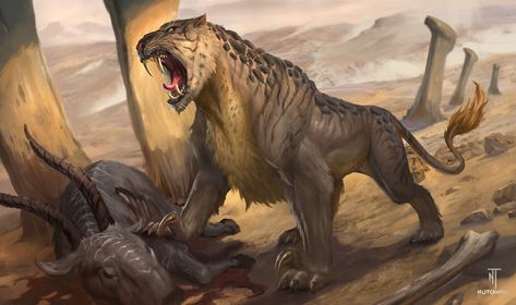 Desert Tiger, Nutchapol Thitinunthakorn on ArtStation at https://www.artstation.com/artwork/ea05L3 Mystical Animals, Desert Animals, Creature Artwork, Fantasy Beasts, Extinct Animals, Creature Drawings, Monster Concept Art, Fantasy Creatures Art, Fantasy Monster