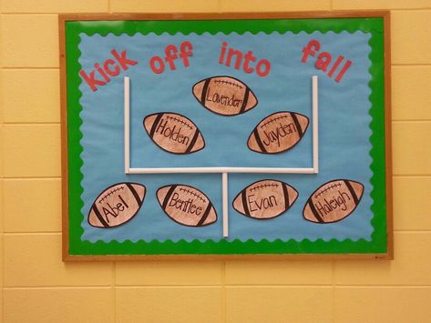 Fall Football Bulletin Board Sports Bulletin Boards Elementary, Fall Football Bulletin Board Ideas, Football Bulletin Board Ideas Schools, Football Board Ideas, Football Bulletin Board Ideas, Football Classroom Door, Fall Bulletin Board Ideas For Daycare, September Bulletin Board Ideas, Thanksgiving Toddler Activities