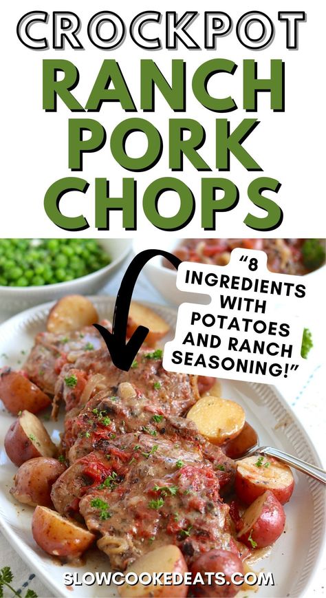 Tantalize your taste buds with this easy and delicious one-pot dinner idea: Tender Crock Pot Ranch Pork Chops and Potatoes. Enjoy succulent, juicy pork chops smothered in a creamy tomato ranch sauce that’s slow cooked along with potatoes for the perfect weeknight meal. Pork chops in the crockpot are perfect for a busy family, this meal will give you all the comfort without the hassle. Crockpot Ranch Pork Chops And Potatoes, Crockpot Pork Chops And Potatoes, Pork Chops In The Crockpot, Crock Pot Ranch Pork Chops, Ranch Pork Chops And Potatoes, Crockpot Ranch Pork Chops, Pork Chops And Sauerkraut, Crock Pot Pork Chops, Ranch Pork Chops Crock Pot