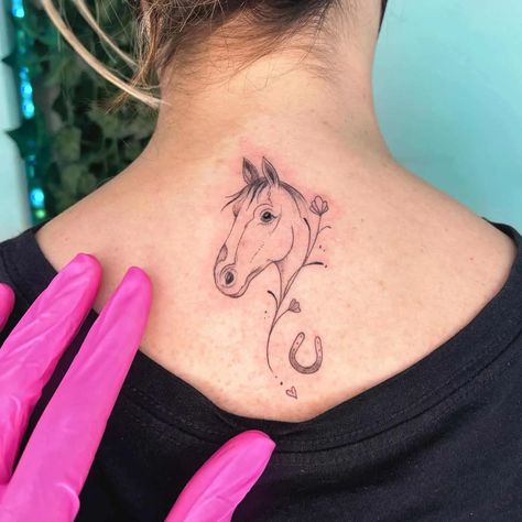 Small Horse Head Tattoo, Tattoo Ideas Female Horse, Meaningful Horse Tattoos, Aesthetic Horse Tattoo, Horse Memorial Tattoo Simple, Dainty Horse Tattoo, Horse Memorial Tattoo, Horse Outline Tattoo, Minimalist Horse Tattoo