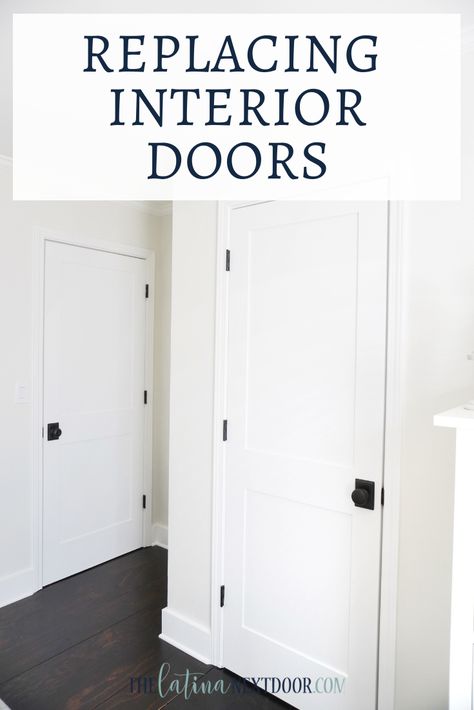 Replacing Interior Doors - The Latina Next Door Update Interior Doors, Make A Tablecloth, Door Styles Interior, Replacing Interior Doors, Diy Staircase Makeover, Craftsman Style Doors, Custom Interior Doors, Diy Staircase, Staircase Remodel