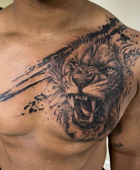 Lion Chest Tattoo, Lion Back Tattoo, Chest Tattoo Drawings, Lion Forearm Tattoos, Lion Tattoo Sleeves, Mens Lion Tattoo, Lion Head Tattoos, Mens Shoulder Tattoo, Lion Tattoo Design