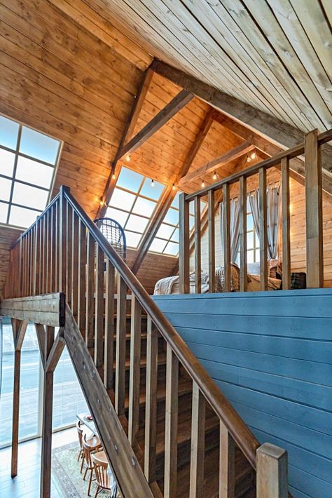 Get Comfy in a Cozy Ski Chalet with Sleeping Loft Tan Bedding, Chalet Bedroom, Retro Refrigerator, Rustic Homes, Open Staircase, Open Concept Floor Plans, Sleeping Loft, Ski Chalet, Cozy Throws