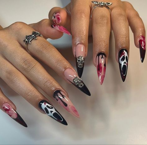 Halloween Nails Long Almond, Ghost Face Almond Nails, Halloween Ghost Face Nails, Hawollen Nails, Spooky Nails Short Square, Long Square Halloween Nails, Long Almond Halloween Nails, Long Spooky Nails, Scary Nails Halloween