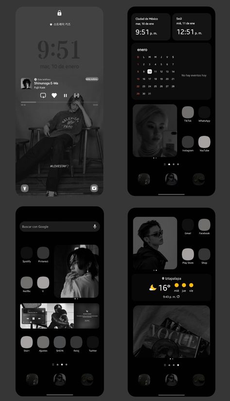 Phone Wallpaper For Samsung, Iphone App Layout Aesthetic Black, Phone App Design Layout, Black Aesthetic Homescreen Layout, Iphone Wallpaper Icon Ideas, Samsung Icons Organize, Black Phone Theme Aesthetic, Kpop Homescreen Layout Android, Homescreen Inspo Android