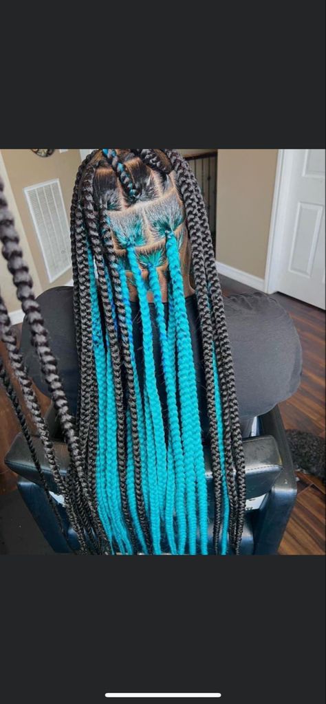 Peek A Boo Jumbo Knotless Braids, Braided Hairstyles With Blue Hair, Box Braids Under Color, Teal Peekaboo Braids, Light Blue Knotless Braids, Teal Box Braids, Braided Hairstyles For Black Women Quick, Nana Edits, Peek A Boo Box Braids