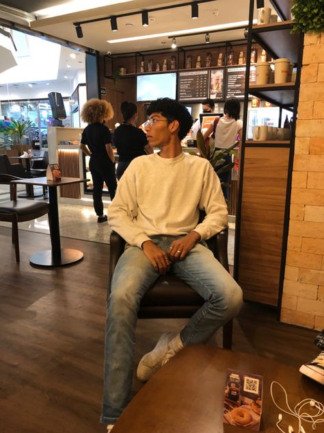 Starbucks Aesthetic Outfit, Men Cafe Photoshoot, Mall Photoshoot Men, Poses For Men In Cafe, Cafe Pose Ideas Men, Cafe Photoshoot Ideas Men, Coffee Boy Aesthetic, Men Dating Profile Photos, Sitting Poses Men