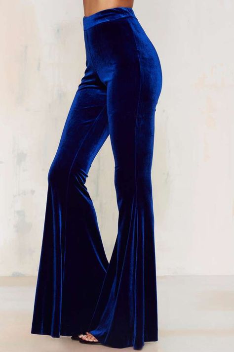 Nasty Gal Annabel Lee Velvet Flare Pants - Blue - Clothes | Best Sellers | Party Shop | Wide Leg + Flare | Pants Ssense Fashion, Blue High Waisted Pants, Blue Velvet Pants, High Waisted Bell Bottoms, Velvet Bell Bottoms, Bell Bottom Trousers, Velvet Flare Pants, High Waisted Wide Leg Pants, Velvet Flares