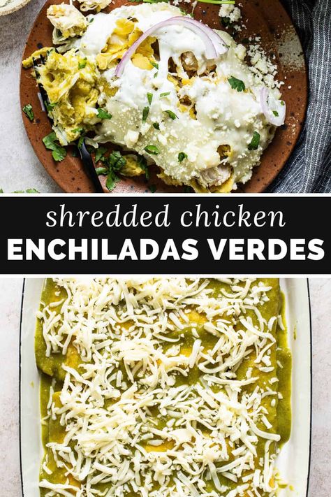 Make the best enchiladas verdes with shredded chicken and homemade tomatillo salsa verde. An easy weeknight Mexican dish perfect for dinner! Tomatillo Dinner Recipes, Homemade Green Enchiladas, Tomatillo Salsa Verde Enchiladas, Creamy Salsa Verde Chicken Enchiladas, Green Verde Chicken Enchiladas, Green Enchiladas Chicken Casseroles, Siete Enchiladas, Green Chili Chicken Enchiladas Casserole, Enchilada Recipe Chicken