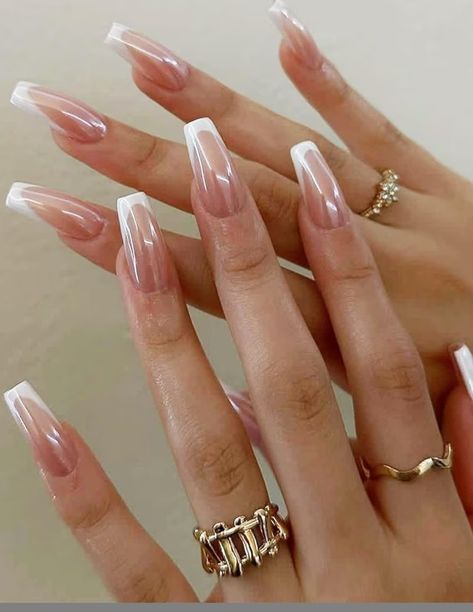 French Blend Nails, Chrome French Tips Coffin, Coffin French Tip Nails Chrome, French Tip Chrome Nails Square, Chrome French Tip Nails Coffin, Chrome French Manicure, Simple Classy Nails, Gel Overlay Nails, Overlay Nails