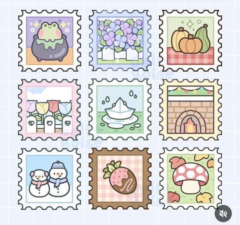 Aesthetic Stamp Stickers, Aesthetic Stamps Printable, Cute Stickers Printable Aesthetic, Printable Kawaii Stickers, Cute Stickers Printable Kawaii Stamps, Stickers Aesthetic Printable, Stamp Drawing, Book Cover Page Design, Whimsical Art Journal