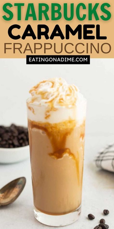 Skip the drive-thru and make Starbucks Caramel Frappuccino at home. Easy to make with only a few ingredients and taste delicious. This DIY copycat Starbucks is a family favorite with simple ingredients. #eatingonadime #copycatrecipe #caramelfrap Homemade Starbucks Drinks, Caramel Frappuccino Recipe, Caramel Frappe Recipe, Coffee Drinks At Home, Starbucks Caramel Frappuccino, Easy Homemade Caramel, Blended Coffee Drinks, Caramel Frappe, Homemade Starbucks