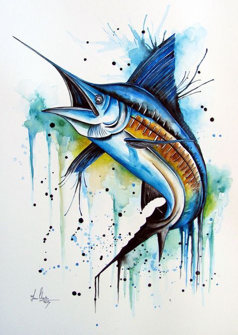 Blue Marlin Fish, Marlin Fish, Fish Artwork, Blue Marlin, Watercolor Fish, Surfboard Art, Fish Illustration, Fish Sculpture, 3d Tattoo