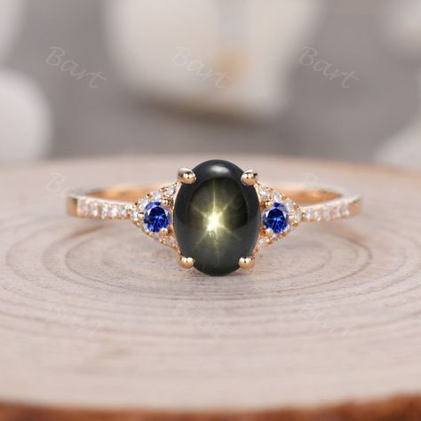 Star Sapphire Jewelry, Rose Gold Diamond Band, Black Star Sapphire, Wedding Ring Black, Blue Star Sapphire Ring, Morganite Ring Set, Morganite Wedding Rings, Sapphire Side Stones, 14k Rose Gold Wedding Ring